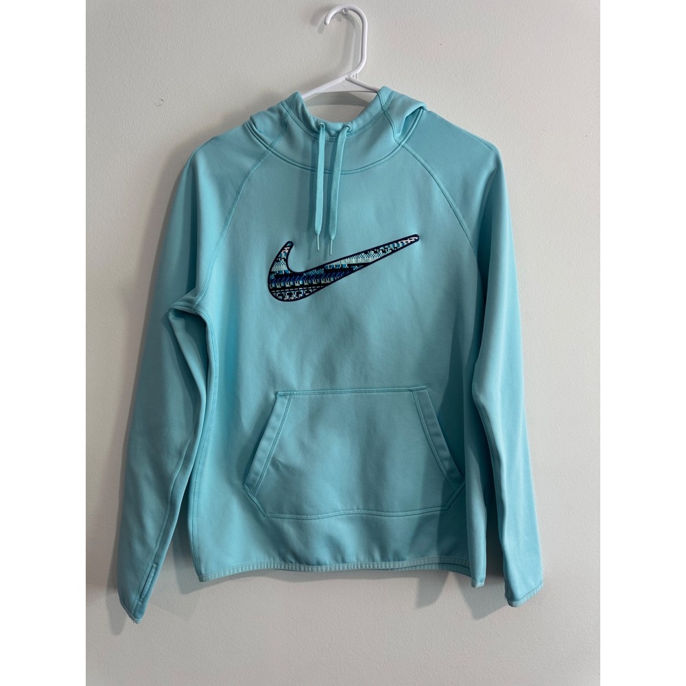 Nike Therma-FIT Pullover Hoodie Womens Small Light Blue Embroidered Sporty Top